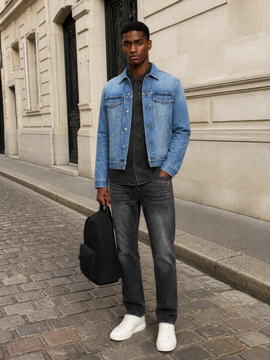 7 for all mankind denim jacket charcoal jeans outfit
