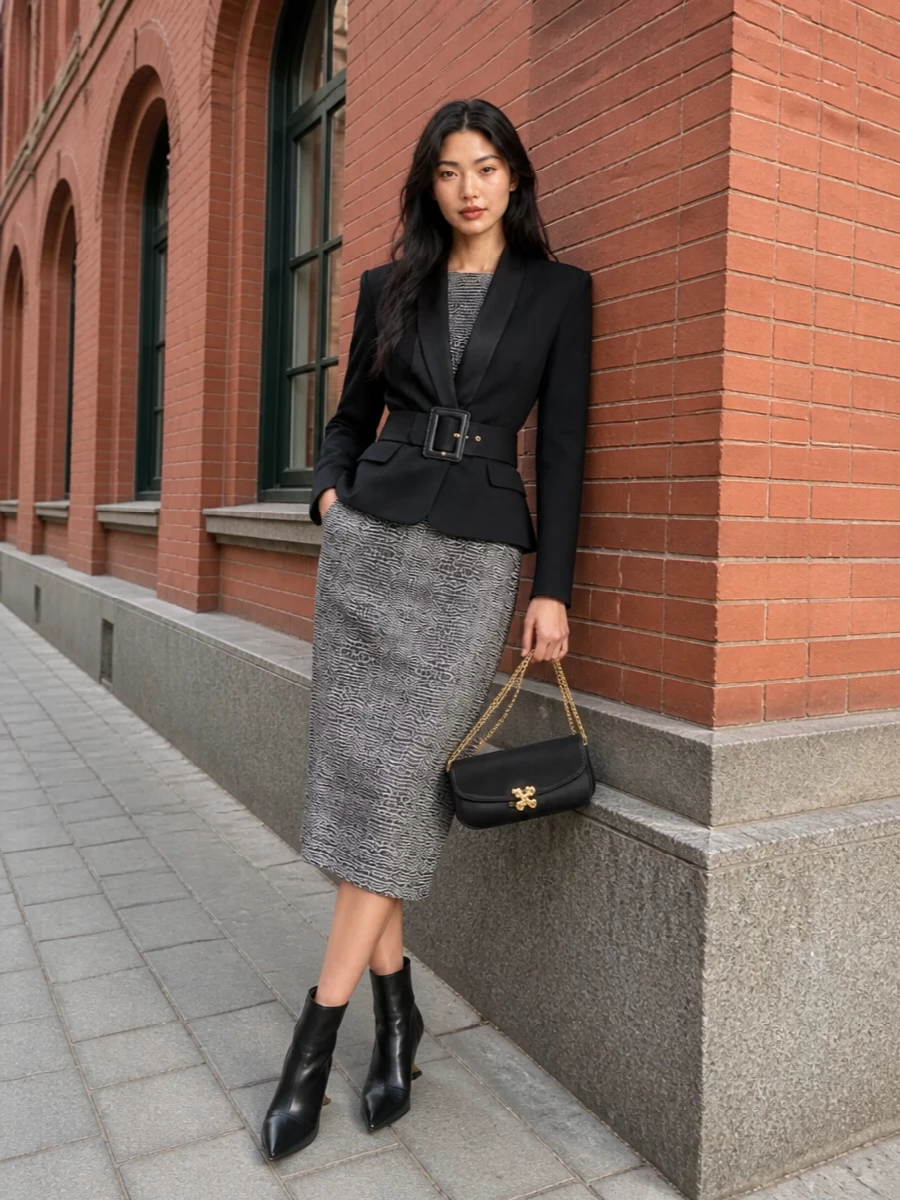 I am treating the blazer as outerwear and building around a single dress, rather than top and skirt, to keep the silhouette long and uninterrupted under the strong-shouldered jacket. The mesh-sleeved midi and sculptural ankle boots read as quietly powerful evening tailoring, with the structured black-and-gold bag reinforcing the clean, architectural mood. Together it feels like a confident dinner or gallery ensemble that remains sleek when the blazer is removed.