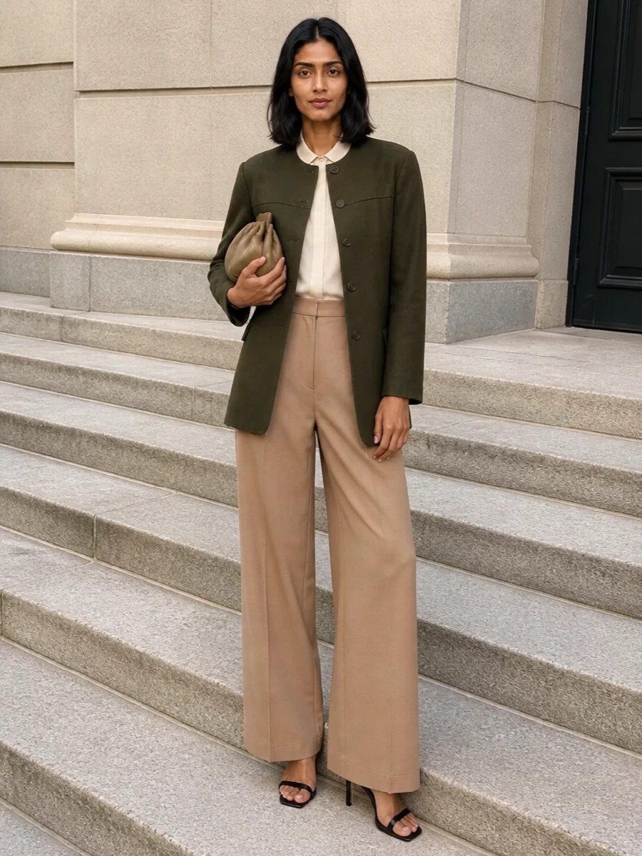 Max mara olive blazer camel trousers outfit