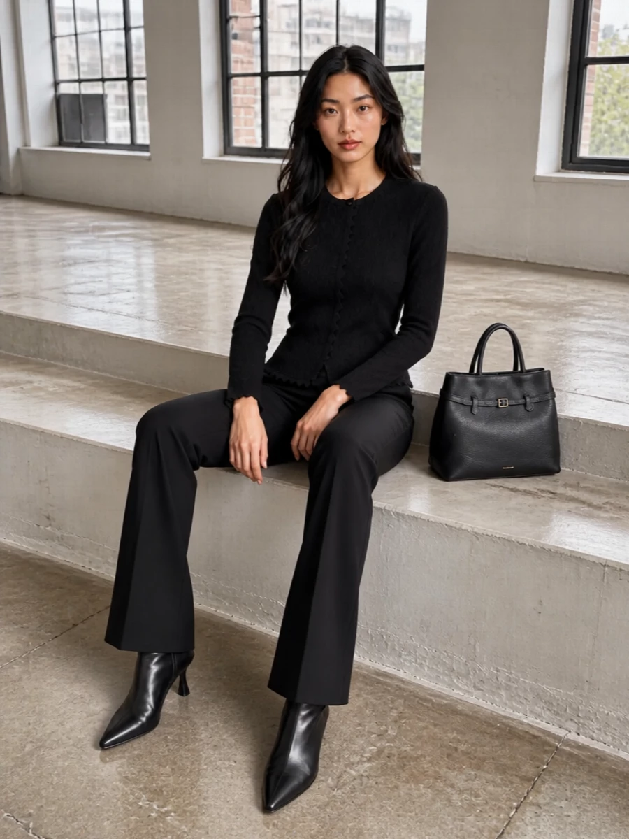 A sculpted black crepe jacket sits over elongated flared trousers, creating a sleek, almost column-like silhouette in deep black. Pointed ankle boots disappear under the hem for a continuous line, while a structured top‑handle bag adds just enough definition at the hand. The result is sharp and quietly confident, ideal for important dinners or serious city days when you want precision without noise.