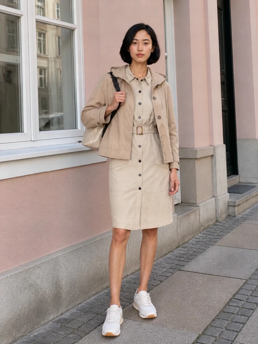 Woolrich beige parka utility shirt dress outfit