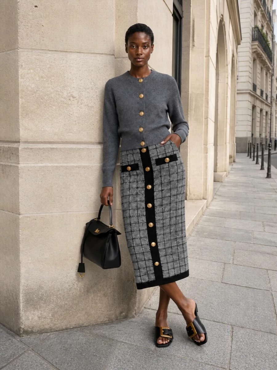 This look pairs the charcoal Balmain cardigan with a sharply tailored black-and-light-grey checked Balmain midi skirt for a cohesive, button-detailed column that feels refined yet modern. Black flat slides and a structured black top-handle bag with gold hardware keep the palette tight and the mood quietly luxurious, ideal for elevated daytime city dressing that can move seamlessly into evening drinks.
