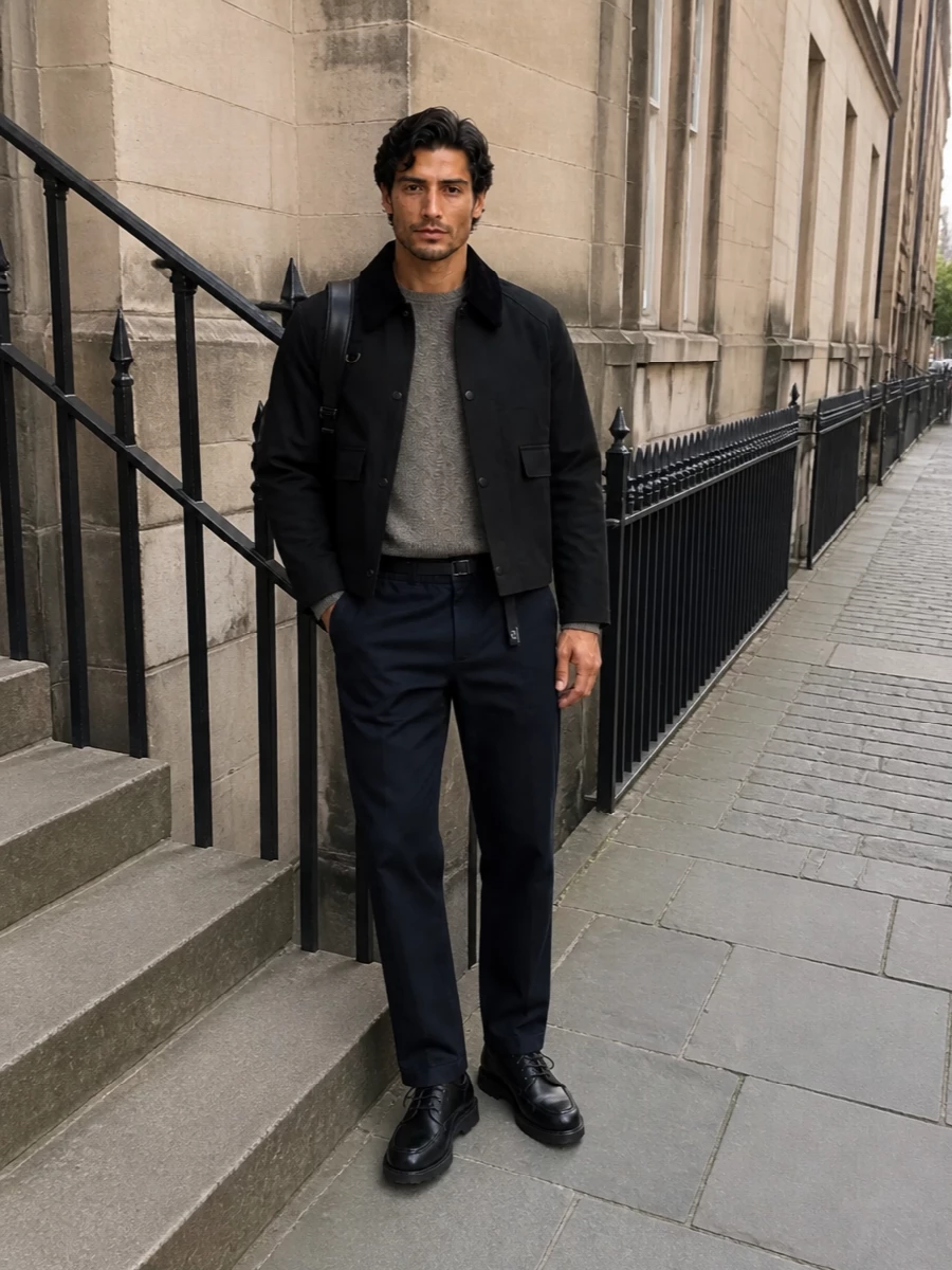 Barbour field jacket navy trousers outfit