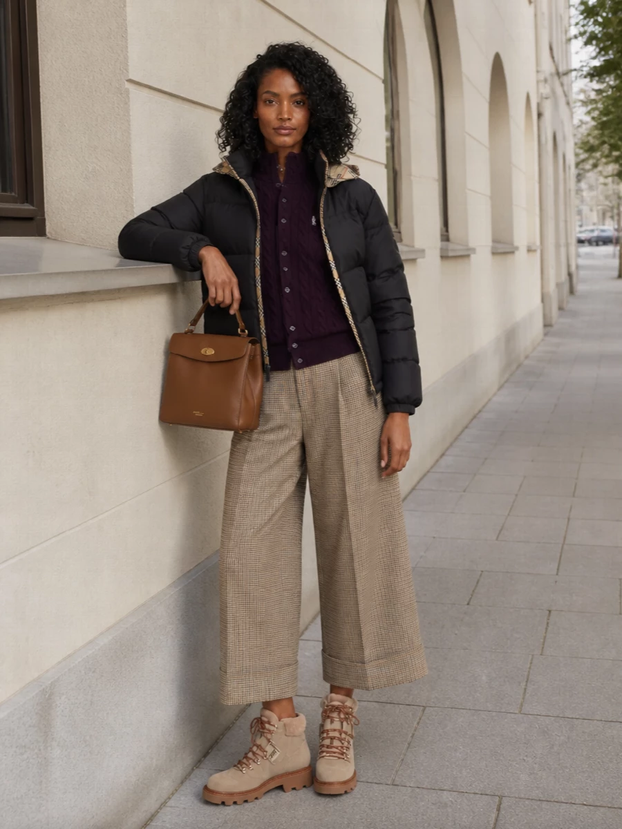 I am building around separates rather than a dress so the Burberry puffer can act as the anchor, letting its subtle check converse with the checked Thom Browne trouser and preppy knit. The aubergine Polo Ralph Lauren cardigan and cropped checked wide-leg create a collegiate, quietly luxurious base that feels considered but easy. Taupe Roger Vivier hikers and a chestnut Mulberry bag round it out in warm neutrals, giving you a winter city uniform that is practical, polished and softly preppy rather than overtly streetwear.