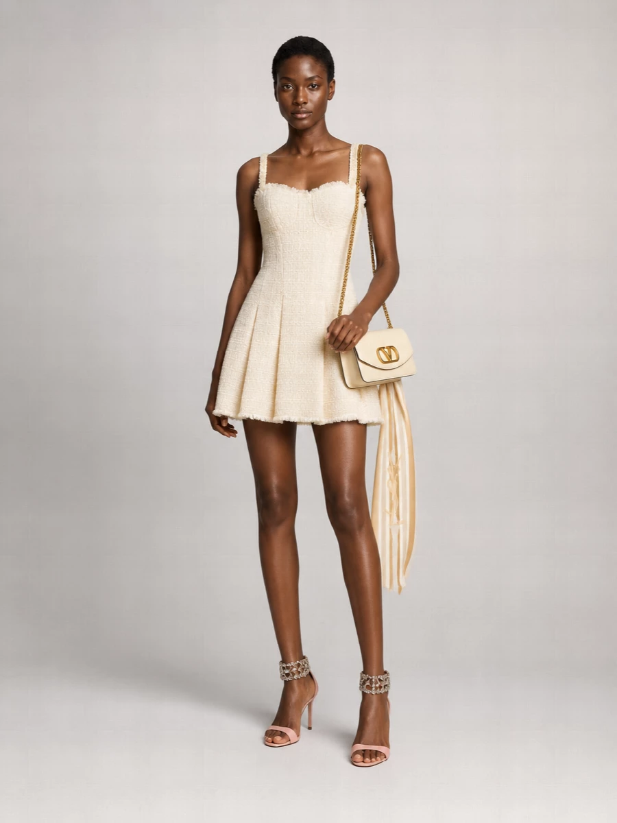 Balmain Tweed Sweetheart Neck Sleeveless Mini Dress