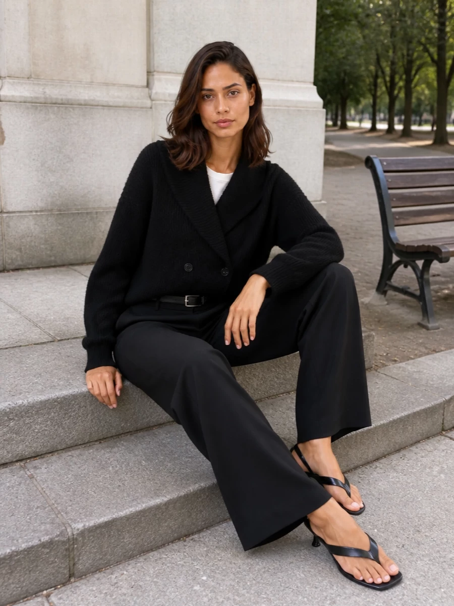 A pure Totême monochrome that plays the cardigan’s cocooning volume against a long, fluid wide-leg for a clean column of black. The low-heel slingback and sleek belt keep the proportions sharp, while the glossy shoulder bag adds a precise, modern finish suited to office days that slide into dinner. Quietly assertive, it is all about cut, line and texture rather than contrast.