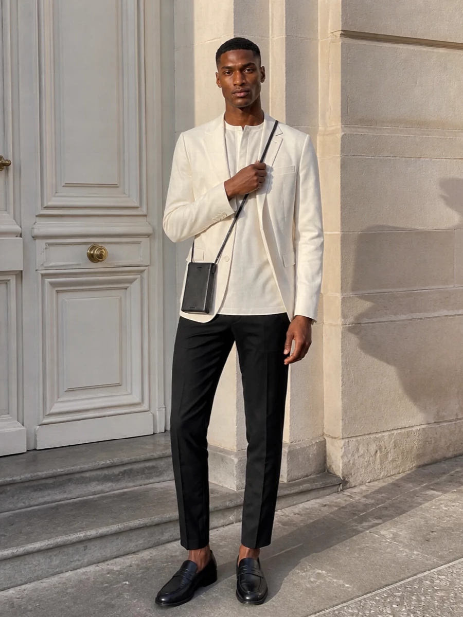 Jacquemus ivory blazer black trousers loafers