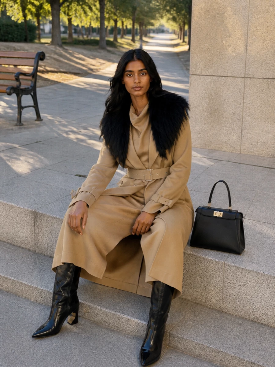 Fendi camel trench black boots column dress
