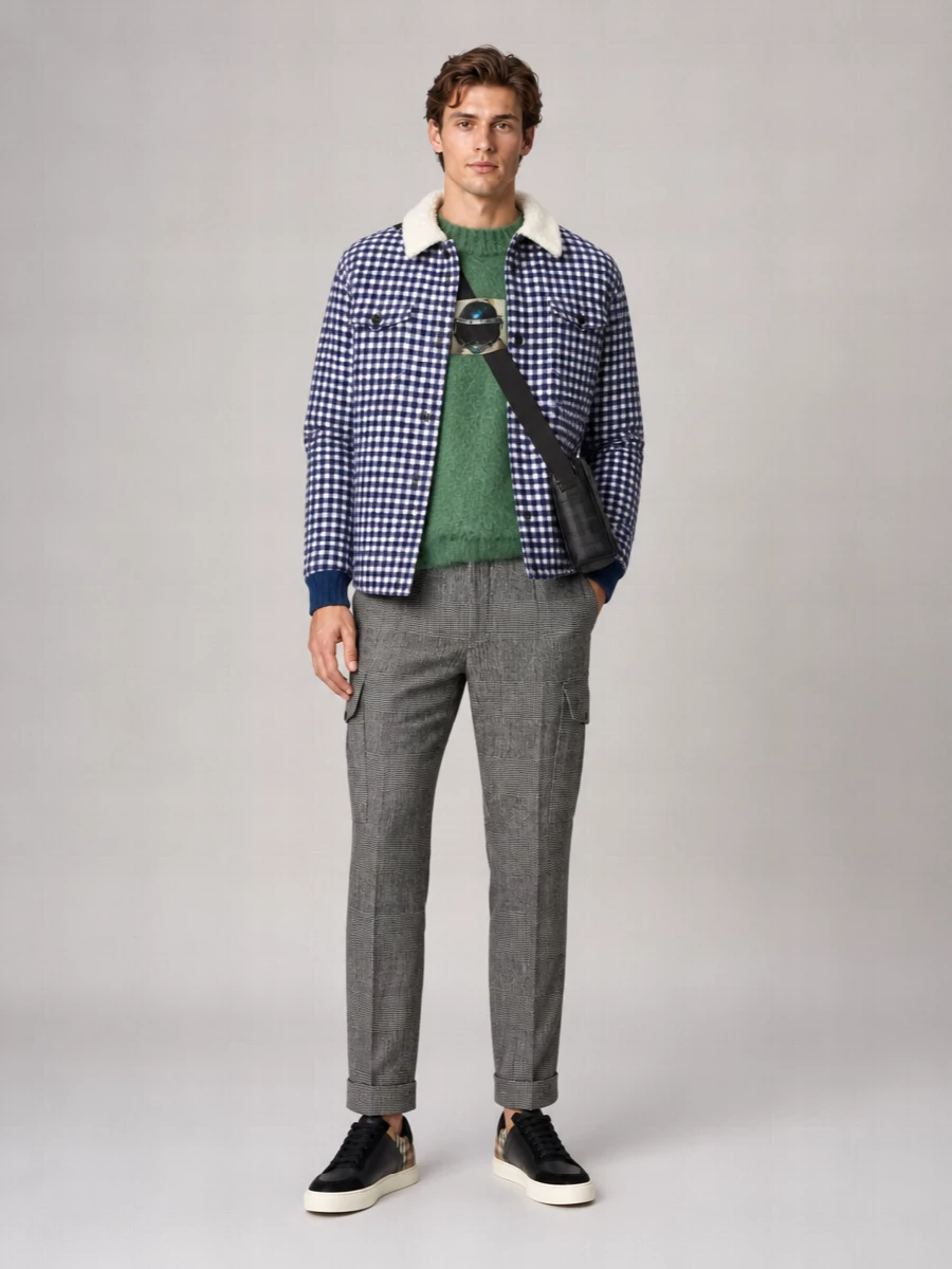 Undercover Checked Wool Shearling Collar Bomber Jacket