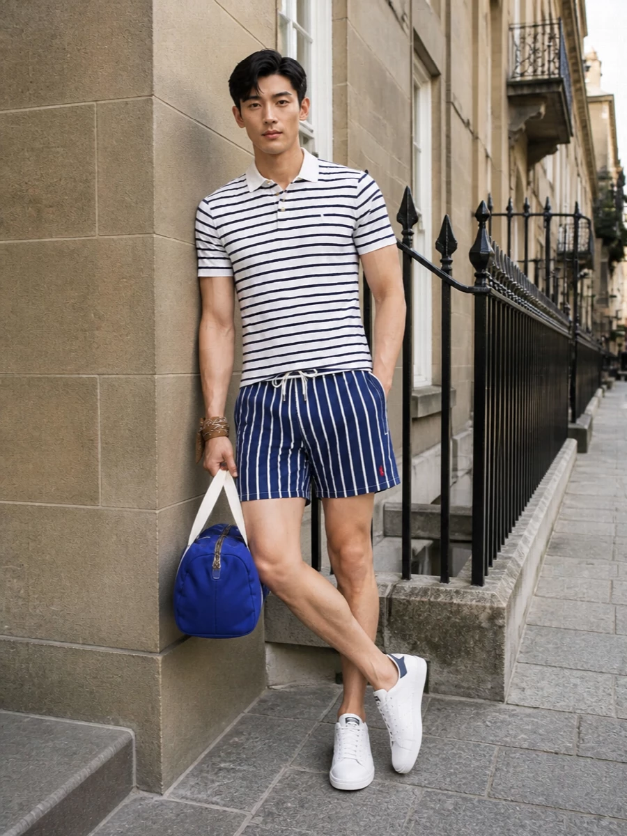 Navy and white stripes set a clear nautical theme, grounded by the crisp polo and tailored swim shorts pairing. Clean white sneakers sharpen the mood from pure poolwear to relaxed coastal city, while the royal blue duffle and camel bandana add just enough collegiate character to keep it interesting without feeling busy.