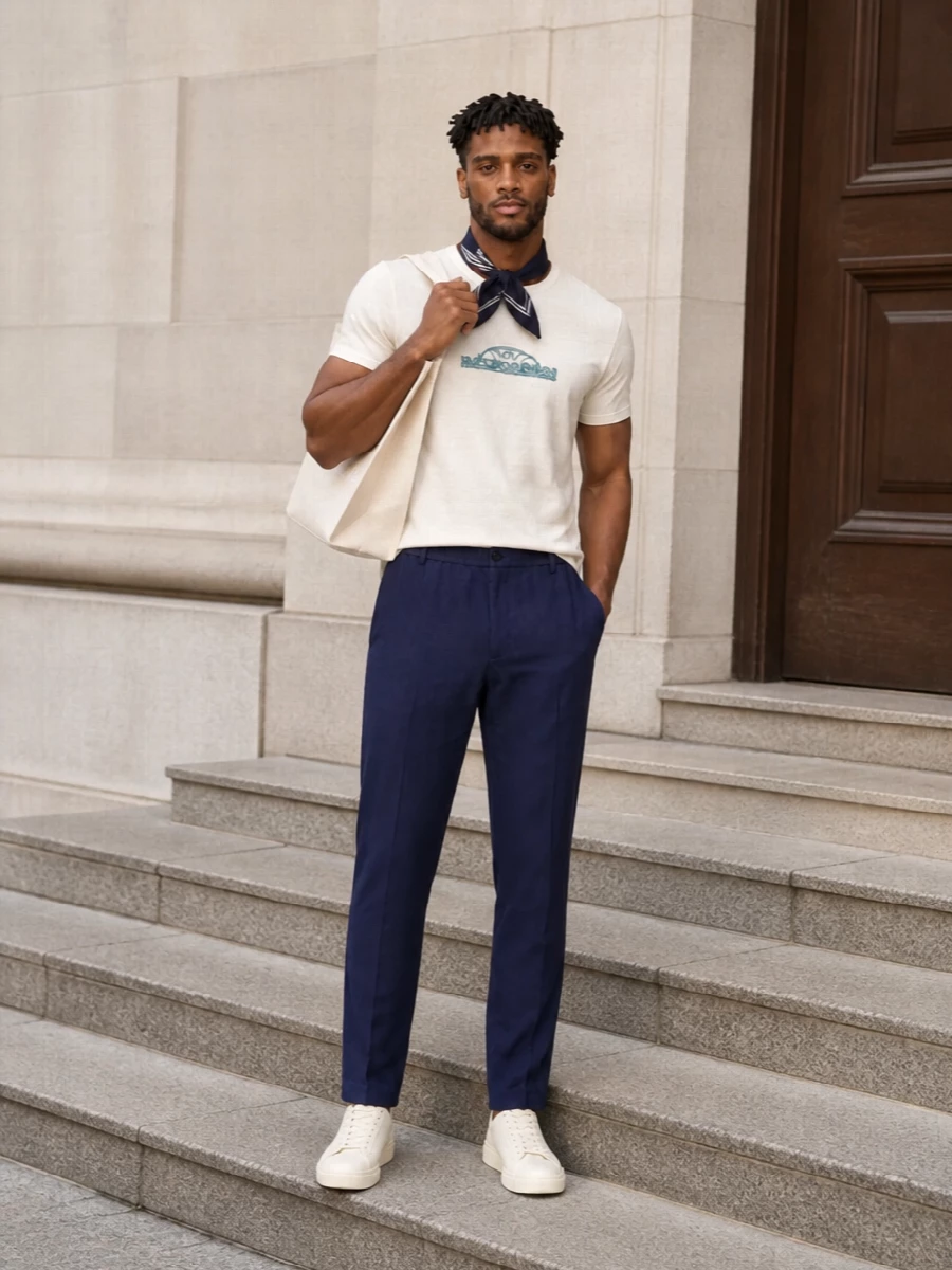 An off‑white logo tee is grounded with clean navy straight‑leg trousers for a calm, modern take on casual. Creamy leather sneakers keep the mood relaxed, while a structured off‑white tote and optional navy neckerchief introduce a sharper, city‑ready finish that still feels understated.