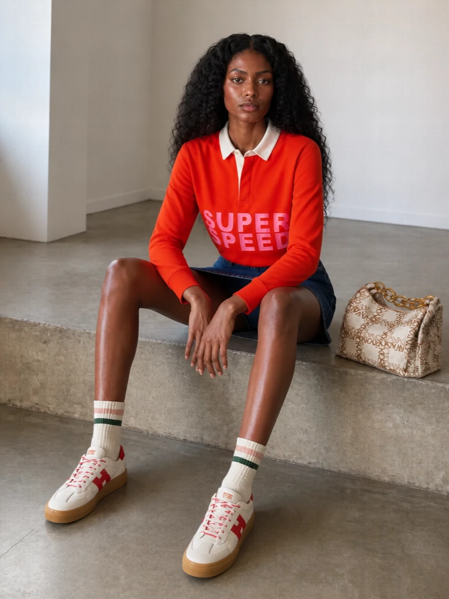 A graphic JW Anderson rugby polo tops a directional denim mini, keeping the energy youthful and sporty with a clean, leggy line. Varsity-leaning sneakers and striped socks reinforce the track-inspired mood, while a cream logo hobo softens the colour story so the bright red-orange and pink typography stay center stage. It is an easy city-uniform for days when you want playful attitude without sacrificing comfort.