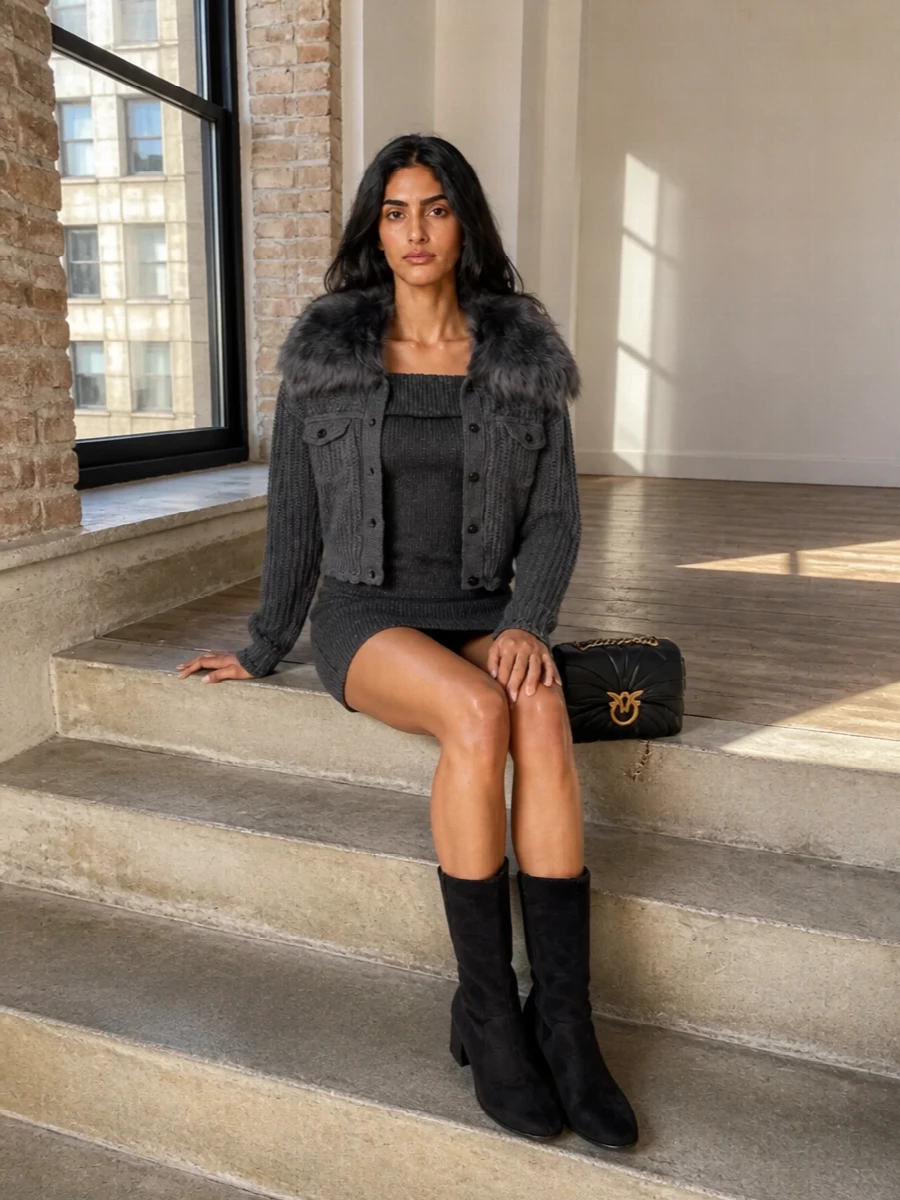 I’m taking the dress path here, because doubling a dramatic knit top under this fur-collared jacket would feel bulky and over-styled, while the Gaultier mini keeps the drama clean and vertical. The charcoal-on-charcoal story lets the faux-fur collar stay hero, with black boots and a compact quilted bag sharpening everything into a concise city-night statement. It feels sultry and directional but still grounded enough to actually wear out on a cold evening.