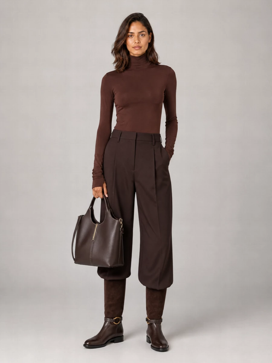 A chocolate column of second-skin knit and tailored trouser lets the Roberto Festa boots read as a sleek, equestrian anchor rather than a statement. The near-monochrome palette keeps the gold buckle and Tod’s tote hardware as the only glint, for quiet polish that feels considered from office hours to dinner. Choosing top and trouser over a dress preserves that long, uninterrupted line into the boot shaft, which is what makes this combination so clean and modern.