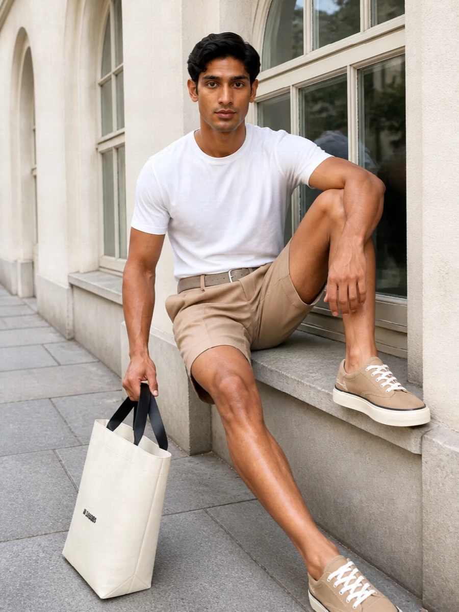 A crisp white tee sits against sand herringbone pleated shorts for a clean, sun‑washed take on summer tailoring. Sand canvas sneakers and a taupe suede belt keep the lines relaxed yet precise, while the off‑white tote maintains the soft, architectural palette for warm city days or coastal weekends.