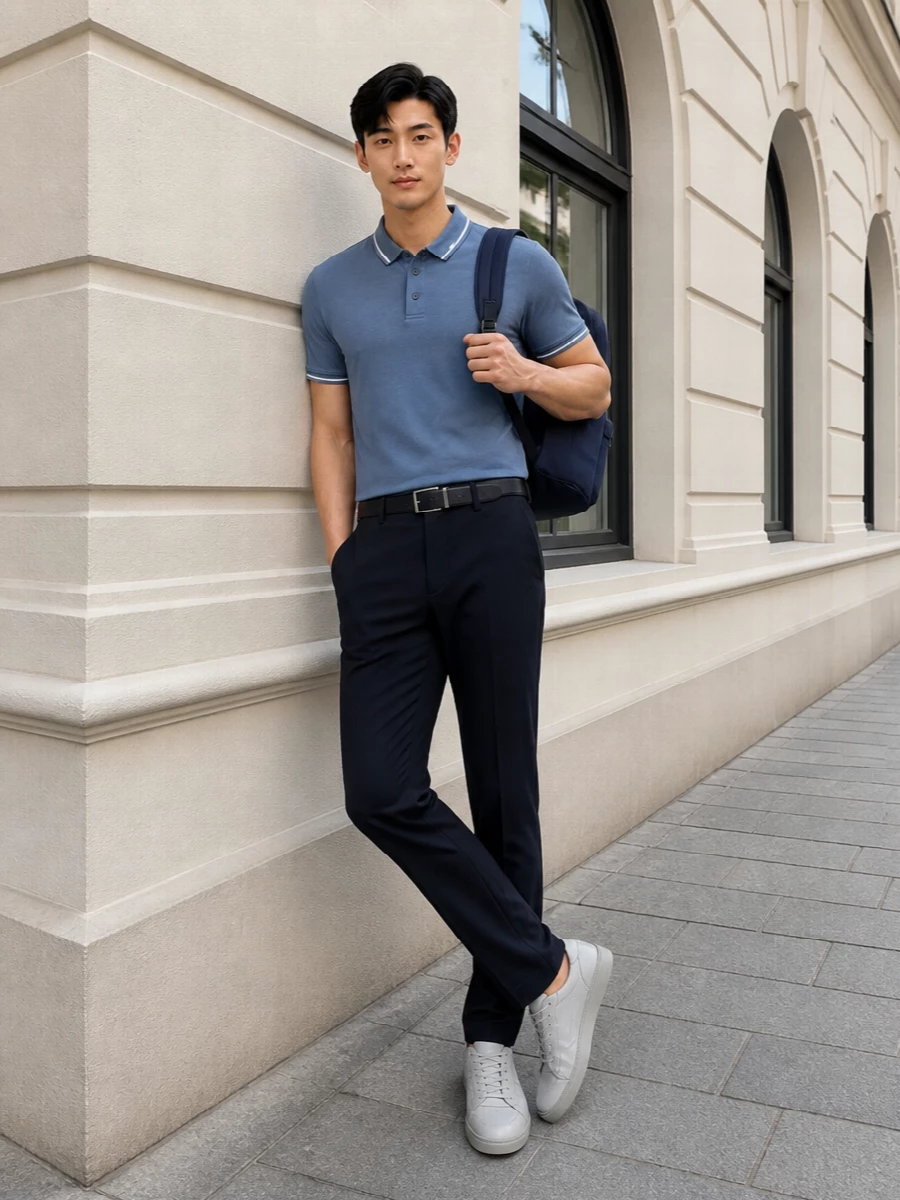 Emporio armani polo navy trousers grey sneakers