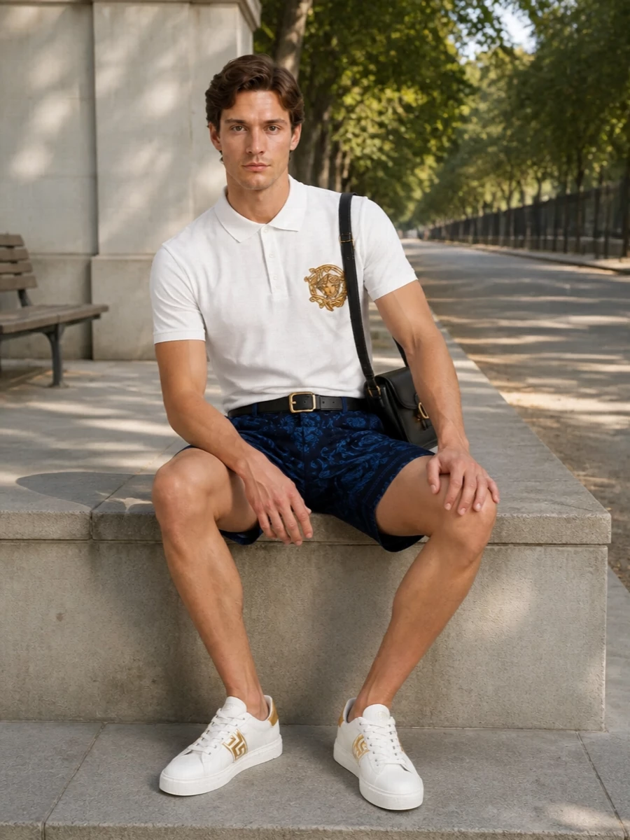 Versace white polo navy baroque shorts outfit