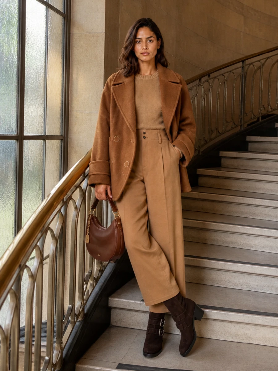Chloe camel coat wide leg trousers outfit