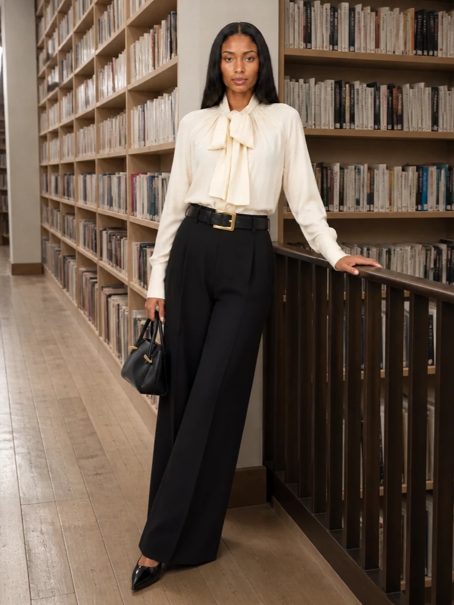 Givenchy bow blouse wide leg trousers outfit