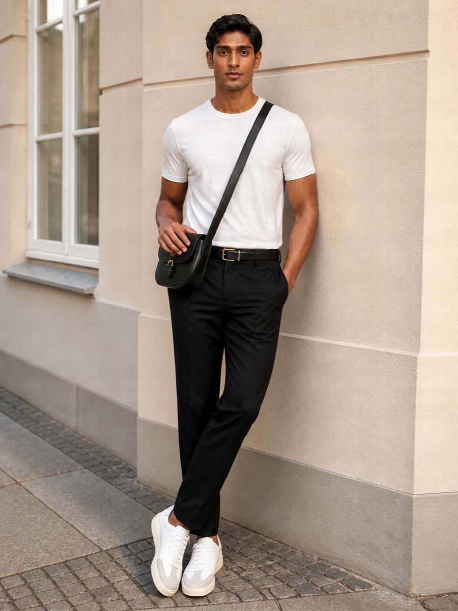 Versace white tee black trousers outfit