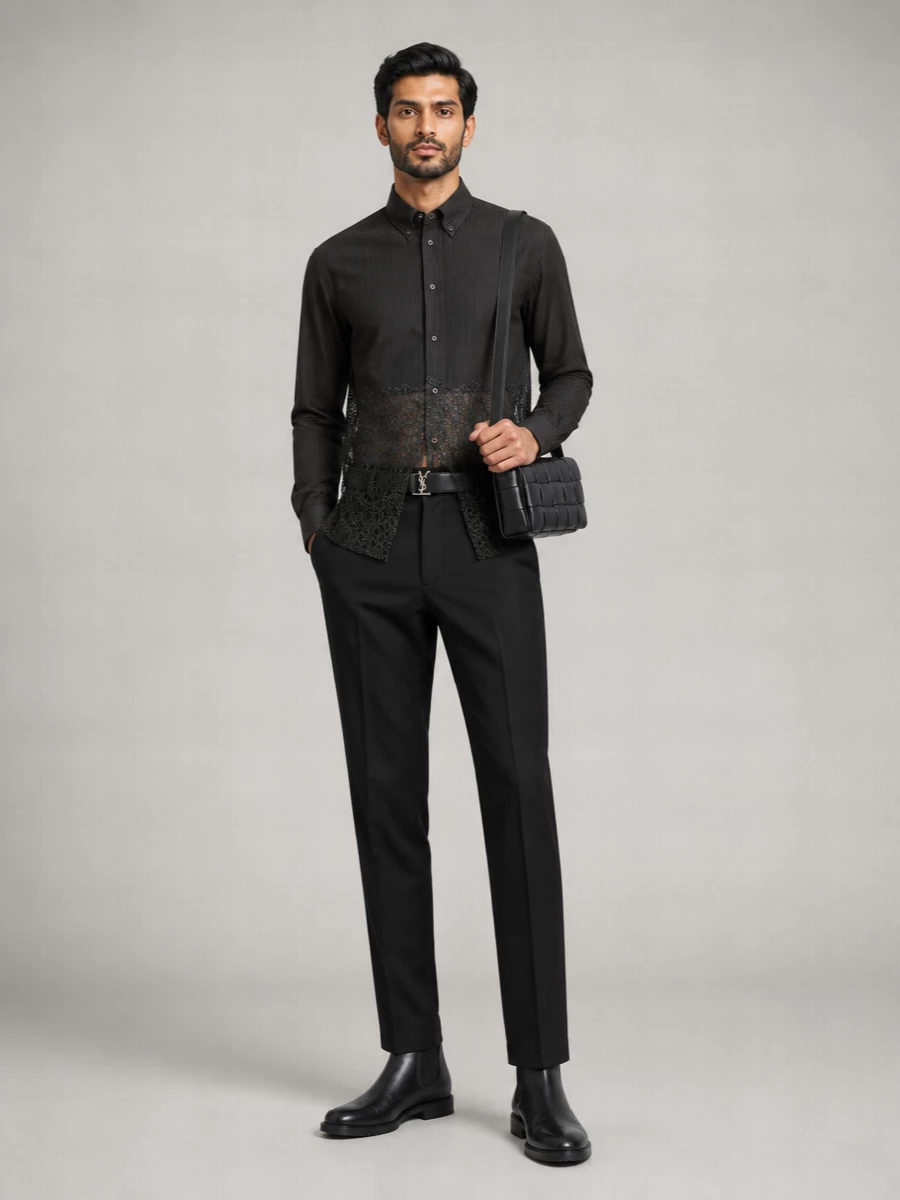 Fendi Virgin Wool Pinstripe Lace Shirt