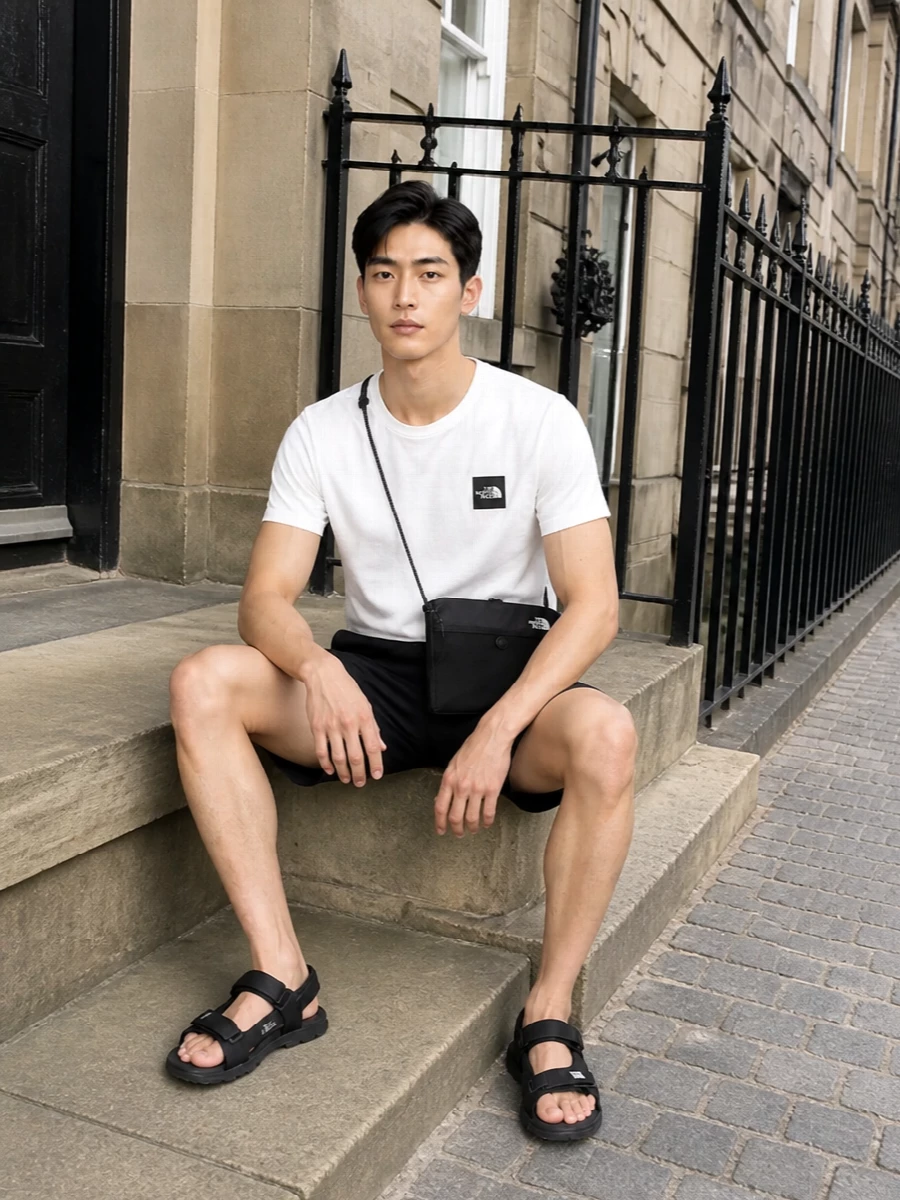 North face black swim shorts white logo tee