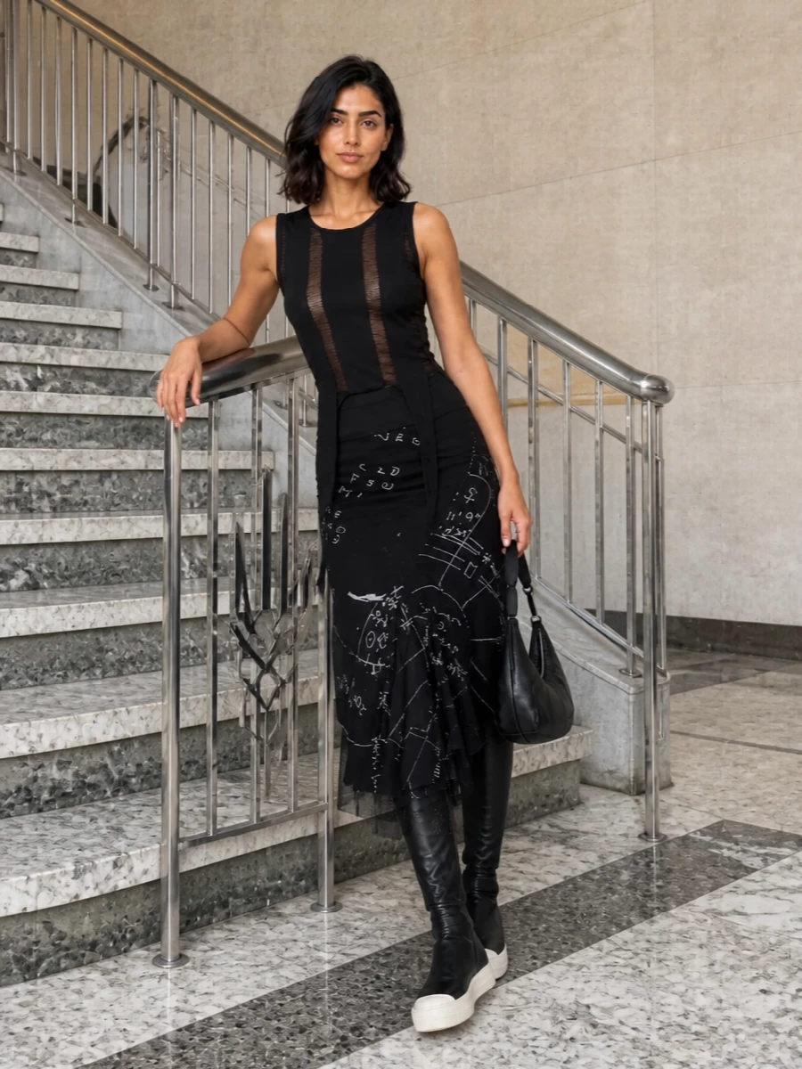 This is a long, dark column that lets the tank’s sheer laddering and the skirt’s occult graphics do the talking, anchored by over-the-knee platforms for a continuous, sculptural line. The mix of cling, transparency and structure feels built for low-lit galleries and late bars, where every movement flashes texture rather than color. Silver hardware and a compact shoulder bag keep it sharp and functional without diluting the severity.
