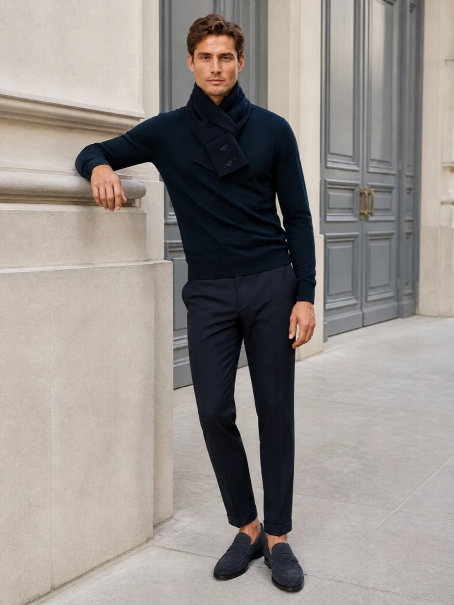 Deep tones stay close to the body here, with the inky crew knit and slim navy trouser creating a long, uninterrupted line. Suede loafers keep the mood soft but still boardroom credible, while the sculpted black tote and compact navy scarf bring just enough structure for an intelligent, low‑key city uniform.