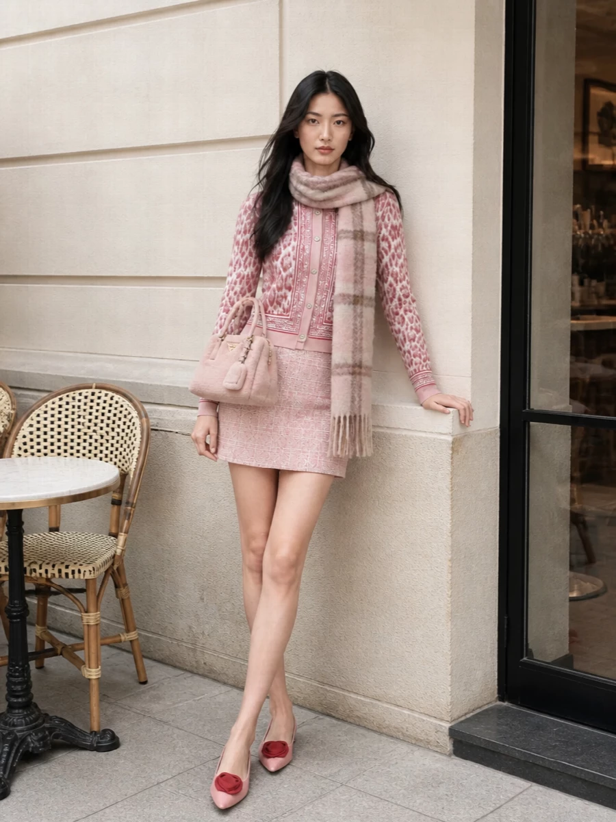 A blush-centric ensemble keeps Cavalli’s leopard cardigan as the quiet statement, grounded by a structured Dior mini in tonal jacquard. Rose-tinted Vivier flats and a plush Prada shearling bag stay within the same romantic, preppy palette, giving a polished city-ready outfit that feels sweet but assured for cooler days. The result is cohesive in texture and color, with subtle details doing the work rather than extra print.