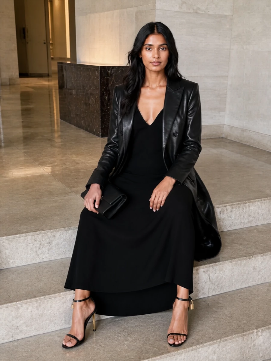 Tom ford black leather coat slip evening gown