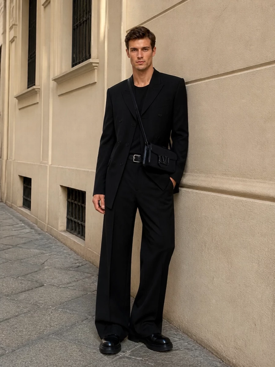 Rick owens black blazer wide leg trousers outfit
