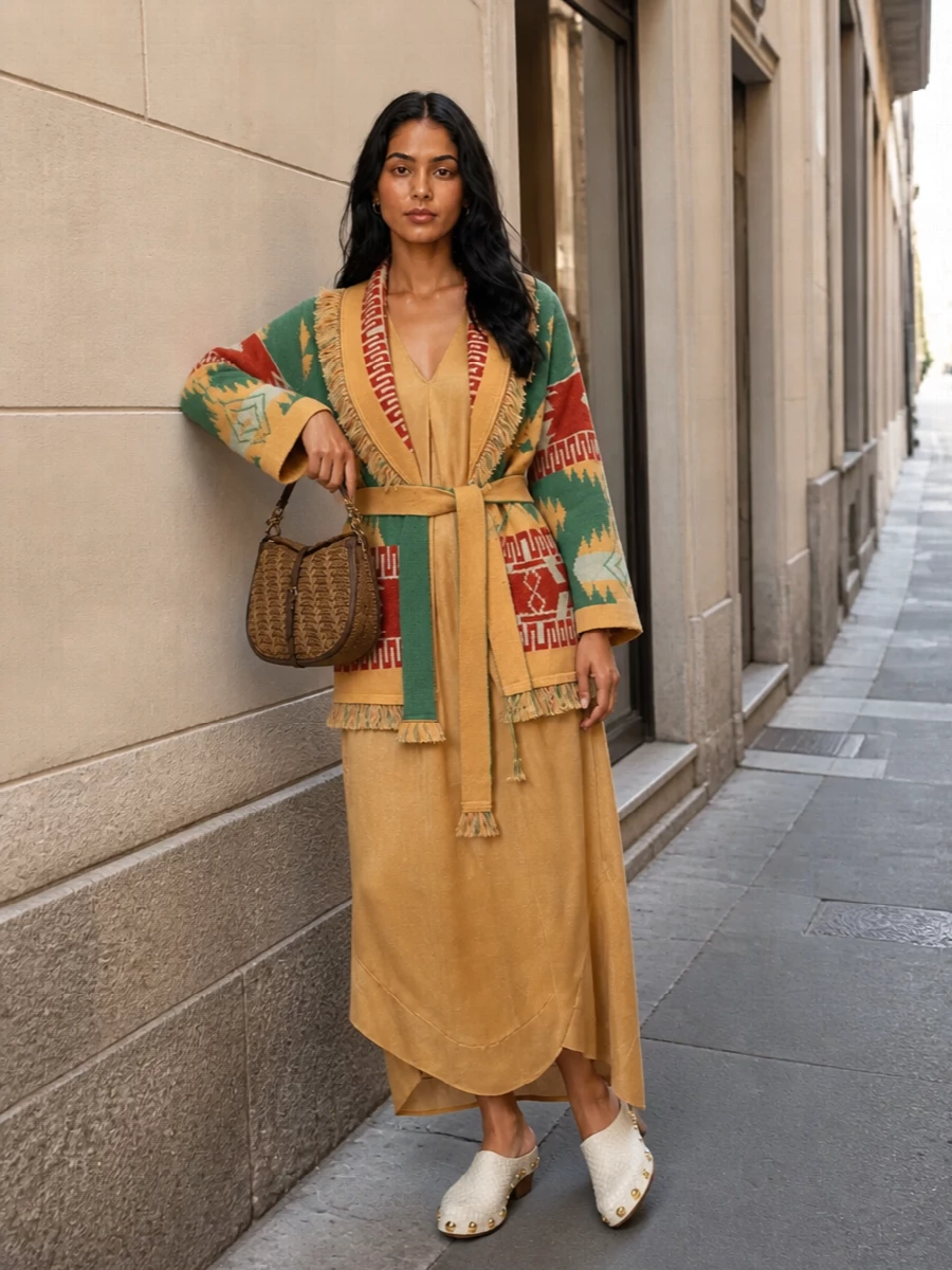 Alanui cardigan alberta ferretti caftan outfit