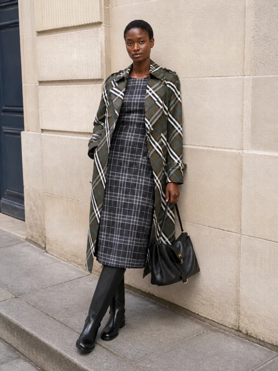 Burberry check trench plaid midi dress outfit