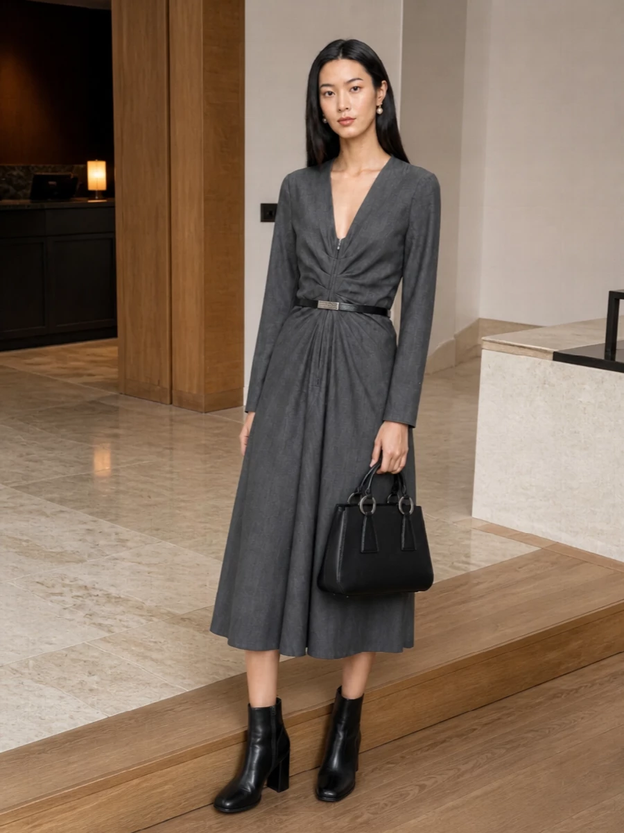 Mm6 grey midi dress black boots margiela bag