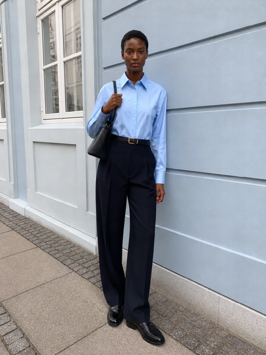 Prada blue shirt navy wide leg trousers outfit