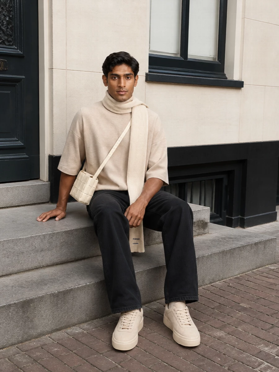 Fear of god knit black jeans beige sneakers