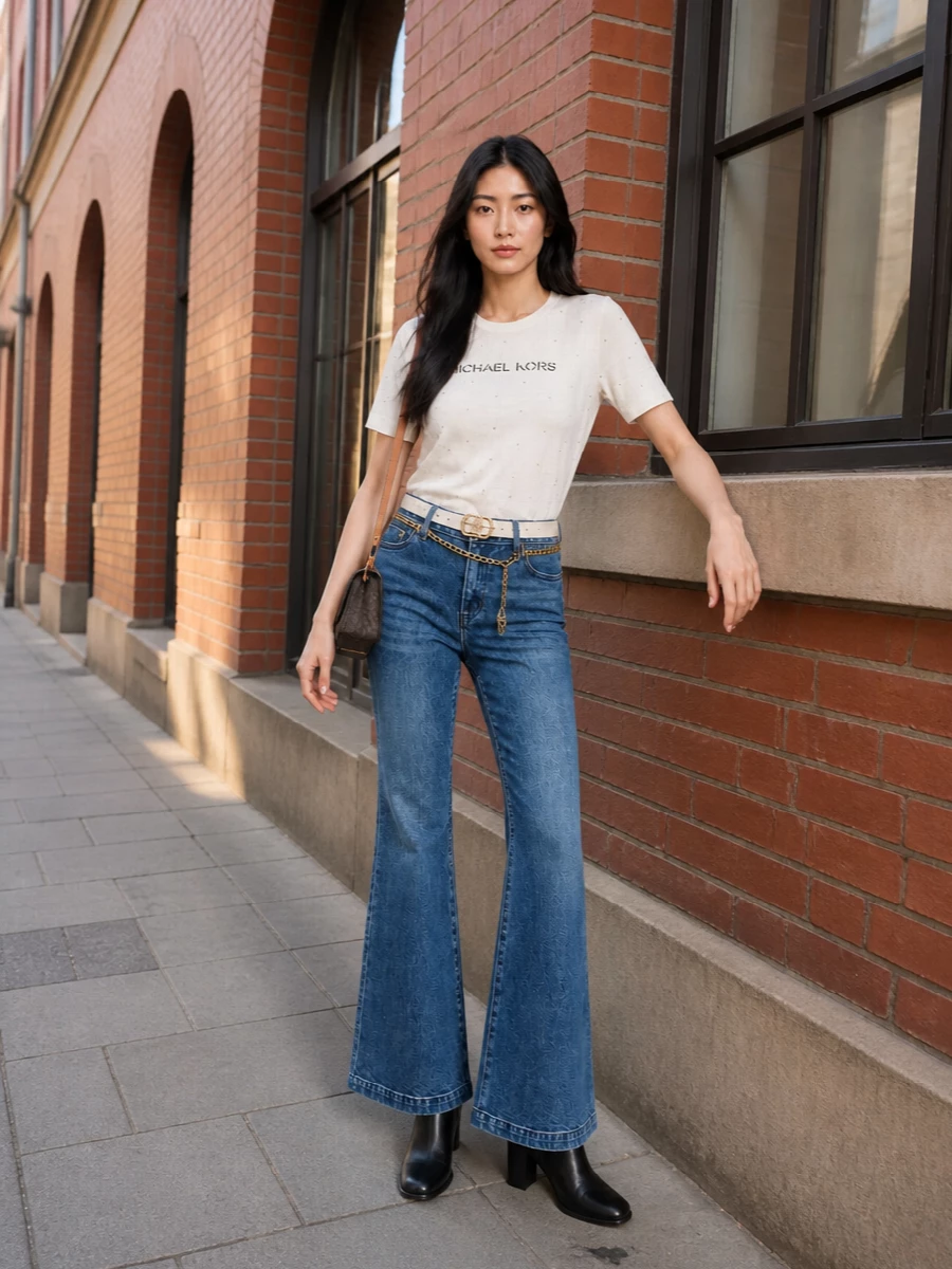 Michael kors logo tee flared jeans outfit