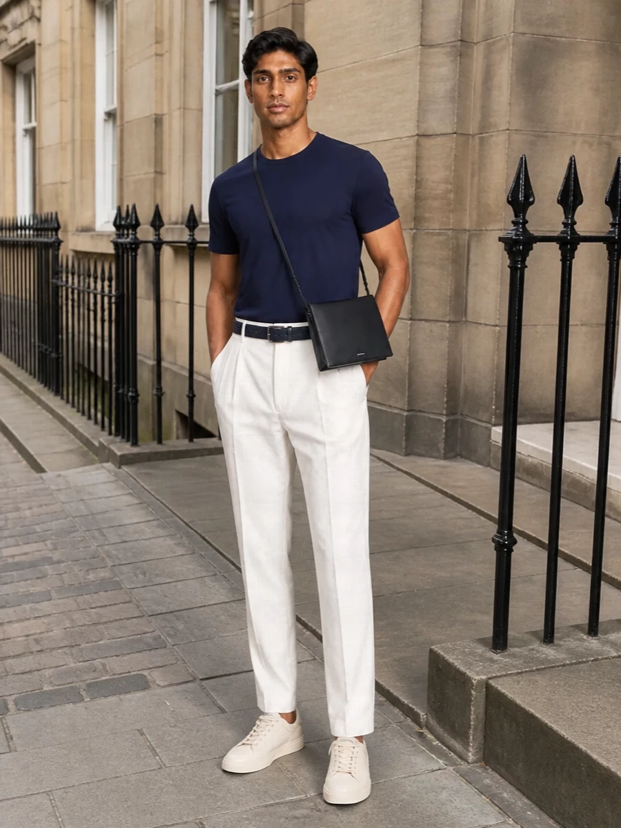 A navy tee meets off white pleated trousers for a clean, summer city uniform that feels considered without trying. Off-white leather sneakers keep the mood relaxed yet polished, while a slim navy crossbody and braided belt add just enough structure to hold the line. The result is calm, tonal minimalism that works from daytime appointments to low-key dinners in warm weather.