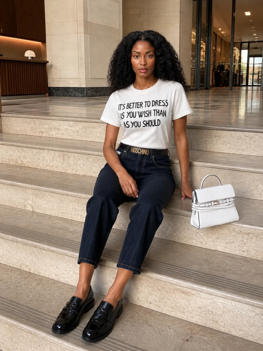 A witty Moschino tee is sharpened with dark indigo cropped denim for a clean, graphic take on casual dressing. Patent loafers and a structured white top-handle pull it into smart city territory, while a slim logo belt quietly reinforces the brand’s playful attitude without overwhelming the monochrome palette.
