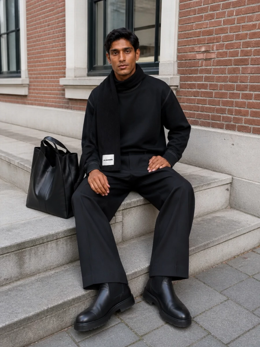 An oversized funnel-neck knit sits over high-rise wide-leg black tailoring for a graphic, quietly powerful silhouette. Chunky black Chelsea boots and an architectural Saint Laurent tote keep the mood sharp yet understated. The ribbed black scarf adds depth and warmth without breaking the monochrome line.