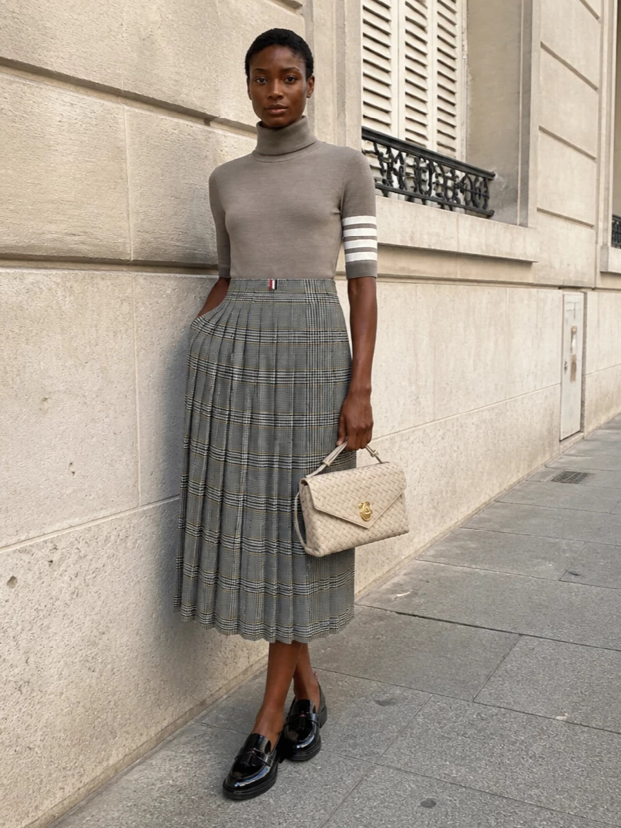 Thom browne turtleneck checked pleated midi skirt