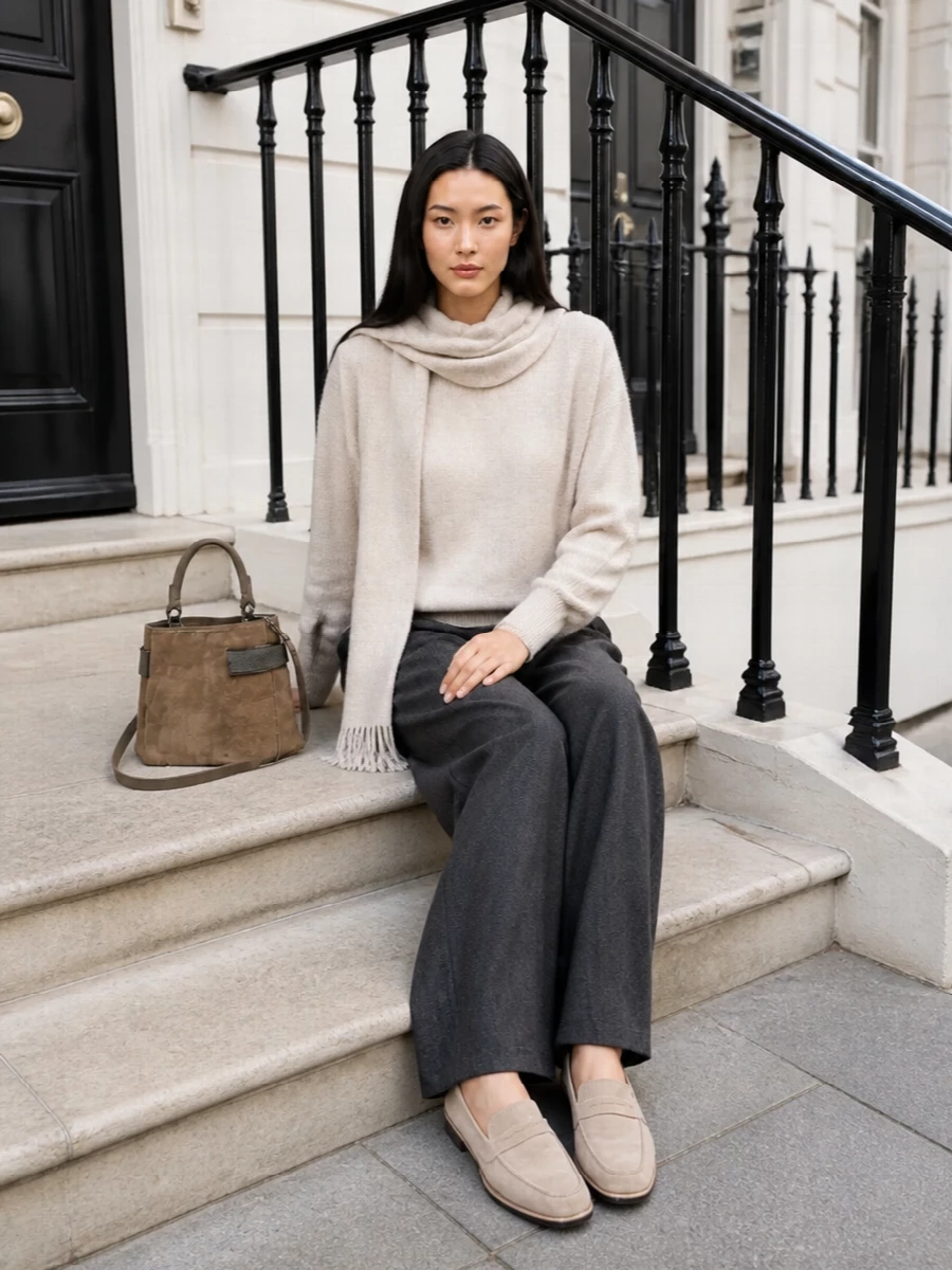 Brunello cucinelli charcoal trousers cream knit