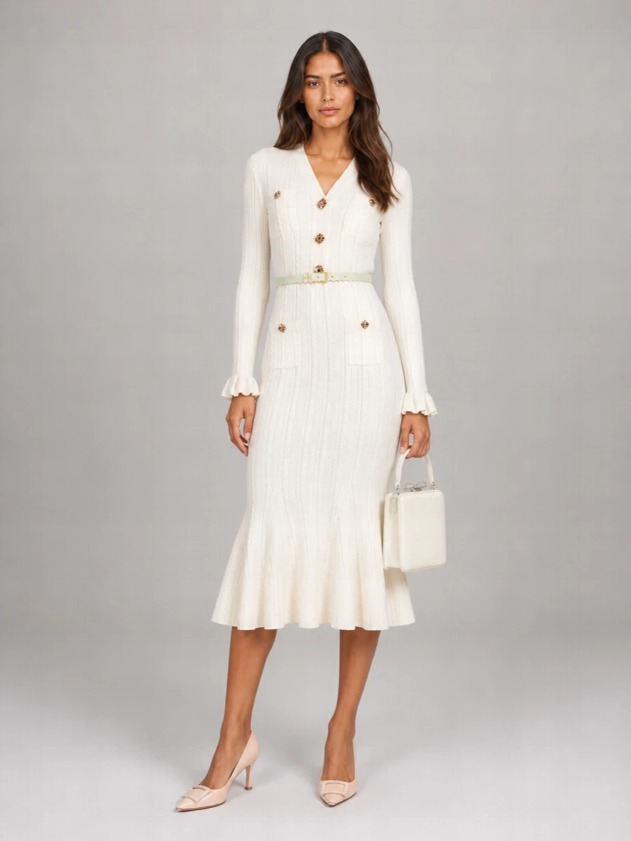Self-Portrait Pointelle Knit Fitted Midi Dress