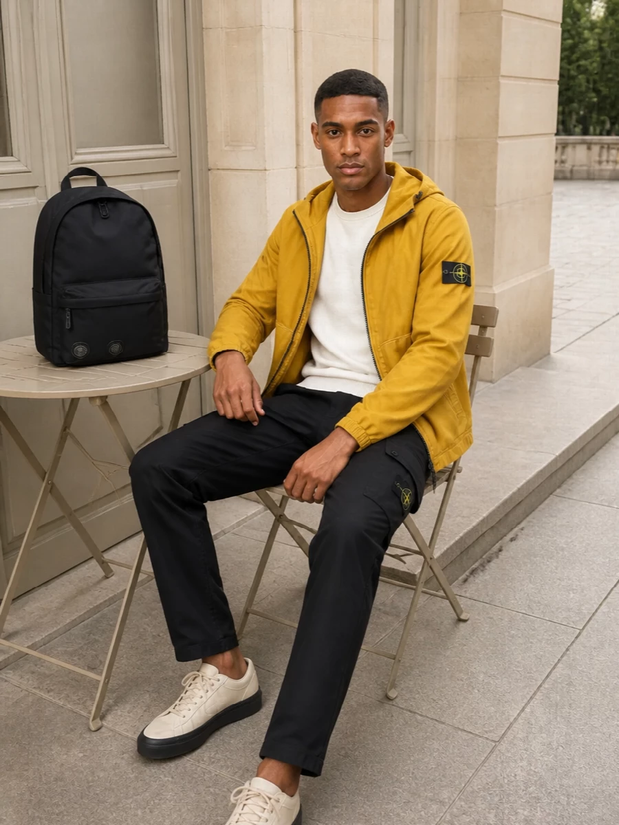 Stone island yellow jacket black cargo outfit