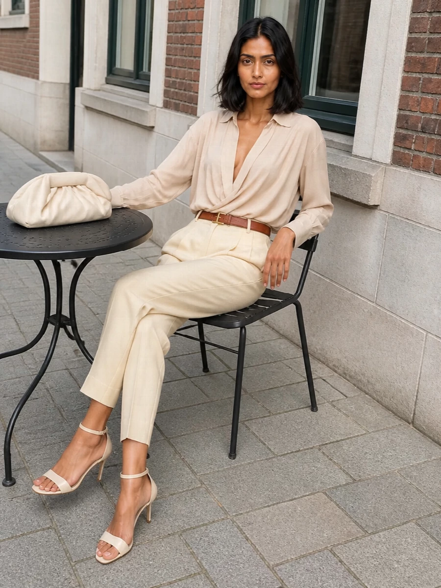 Buttercream tailoring meets liquid champagne drape for a monochrome evening ensemble that reads soft yet precise. The high-rise pleated trouser and tucked bodysuit create an elongated, clean line, finished with cream ankle-strap heels and a sculptural butter-tone clutch. A slim tan belt adds just enough definition and warmth without breaking the quiet palette.