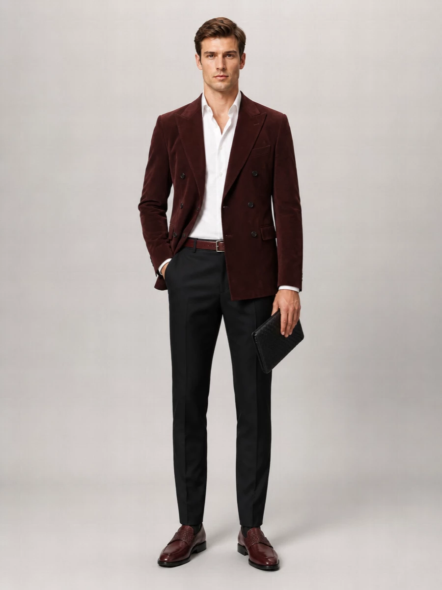 A deep burgundy blazer anchors this outfit against sharply cut black trousers, giving formal dinners a richer alternative to standard monochrome suiting. Tonal burgundy leather at the waist and on the loafers creates a continuous, considered line, while the black woven clutch keeps the mood urbane and restrained. The result is a slim, Italianate silhouette that feels plush yet disciplined in any season.