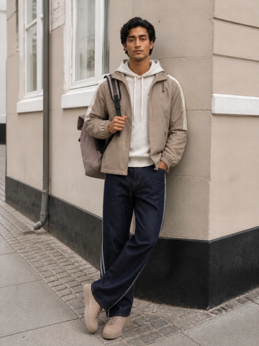 Autry anorak striped jeans taupe sneakers outfit