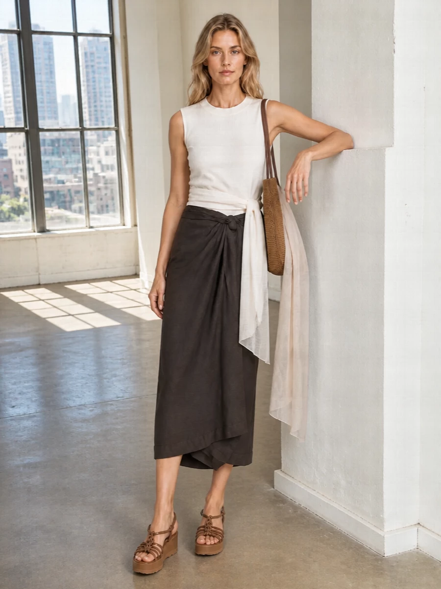 Rohe ivory knit brown wrap midi skirt outfit