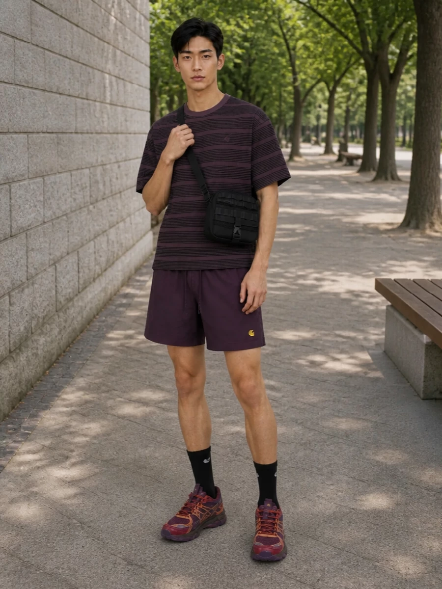 Carhartt plum swim shorts asics sneakers outfit