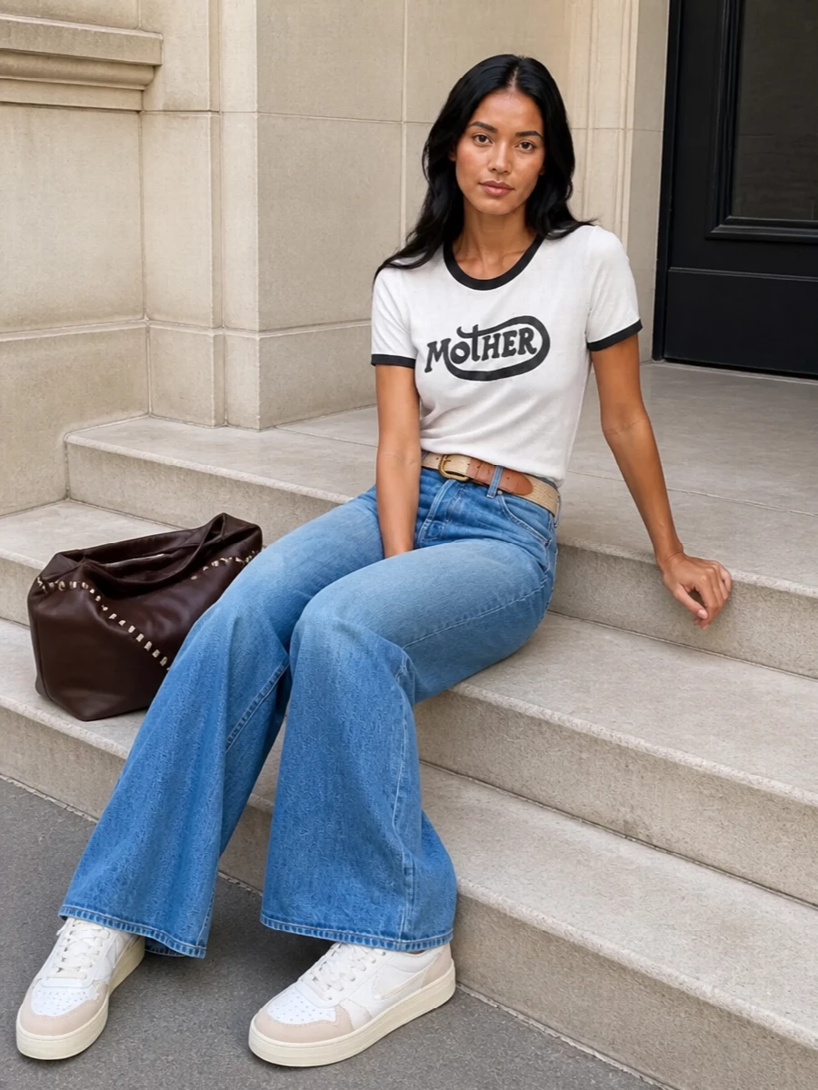 Mother wide leg jeans ringer tee autry sneakers